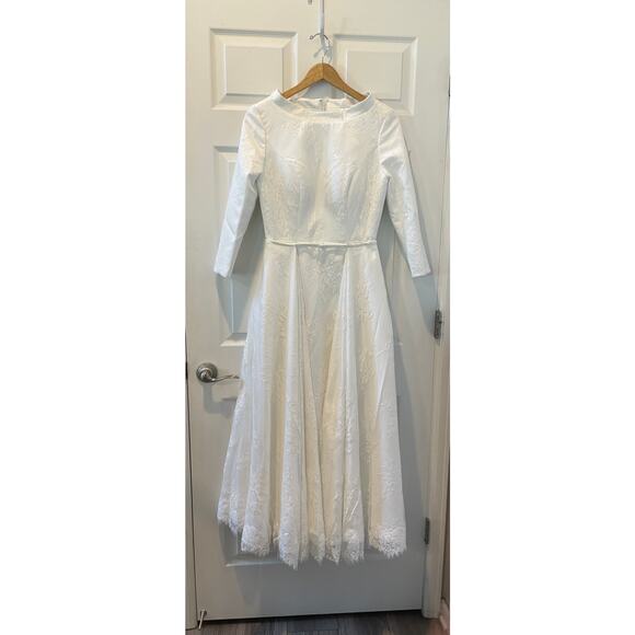 Wedding Dress1950s style Neck  Detachable Train Satin French Lace Sz10 #32 New - Picture 6 of 14